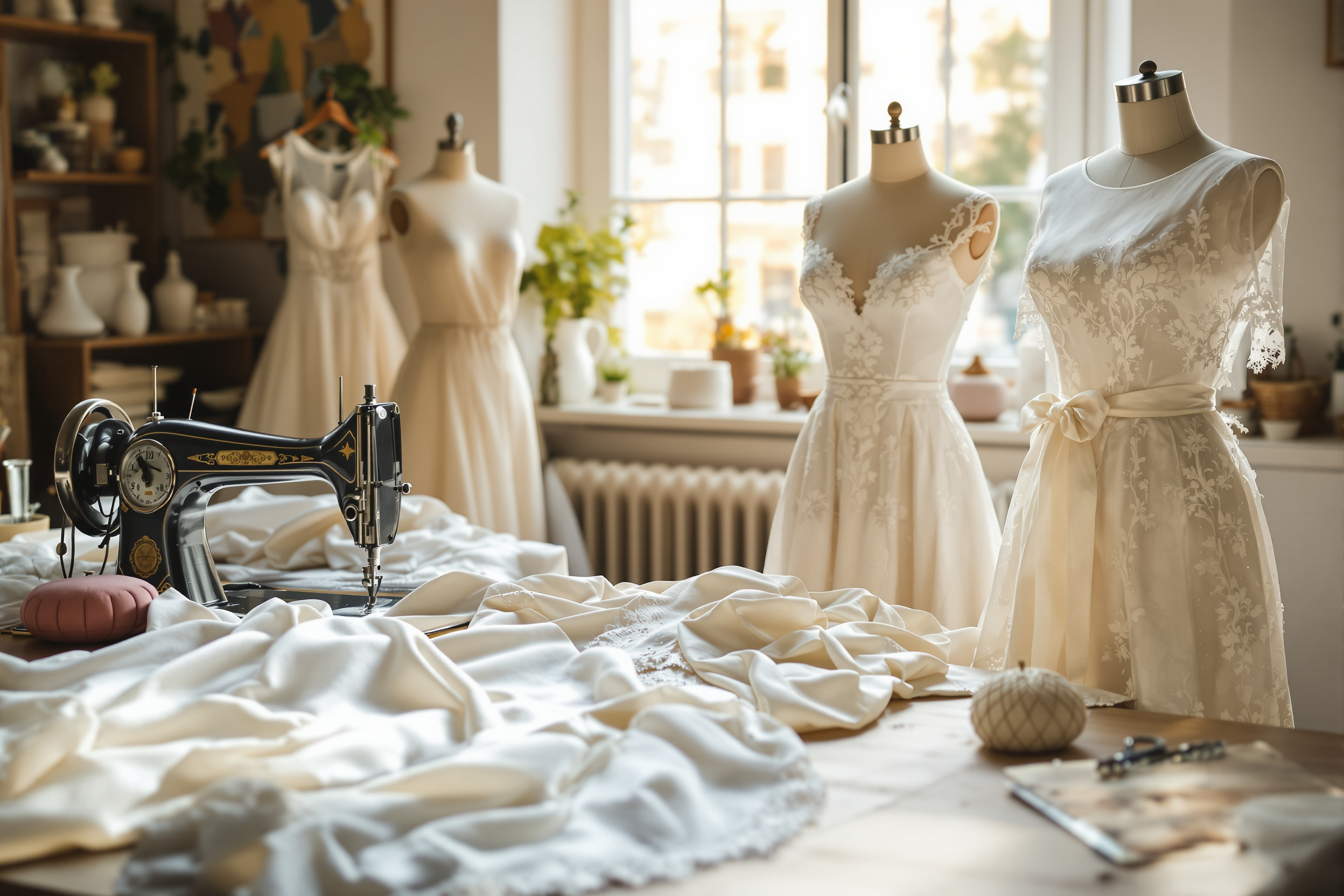 Dressmaker's atelier with sewing machine, lace swatches and a draped dress form