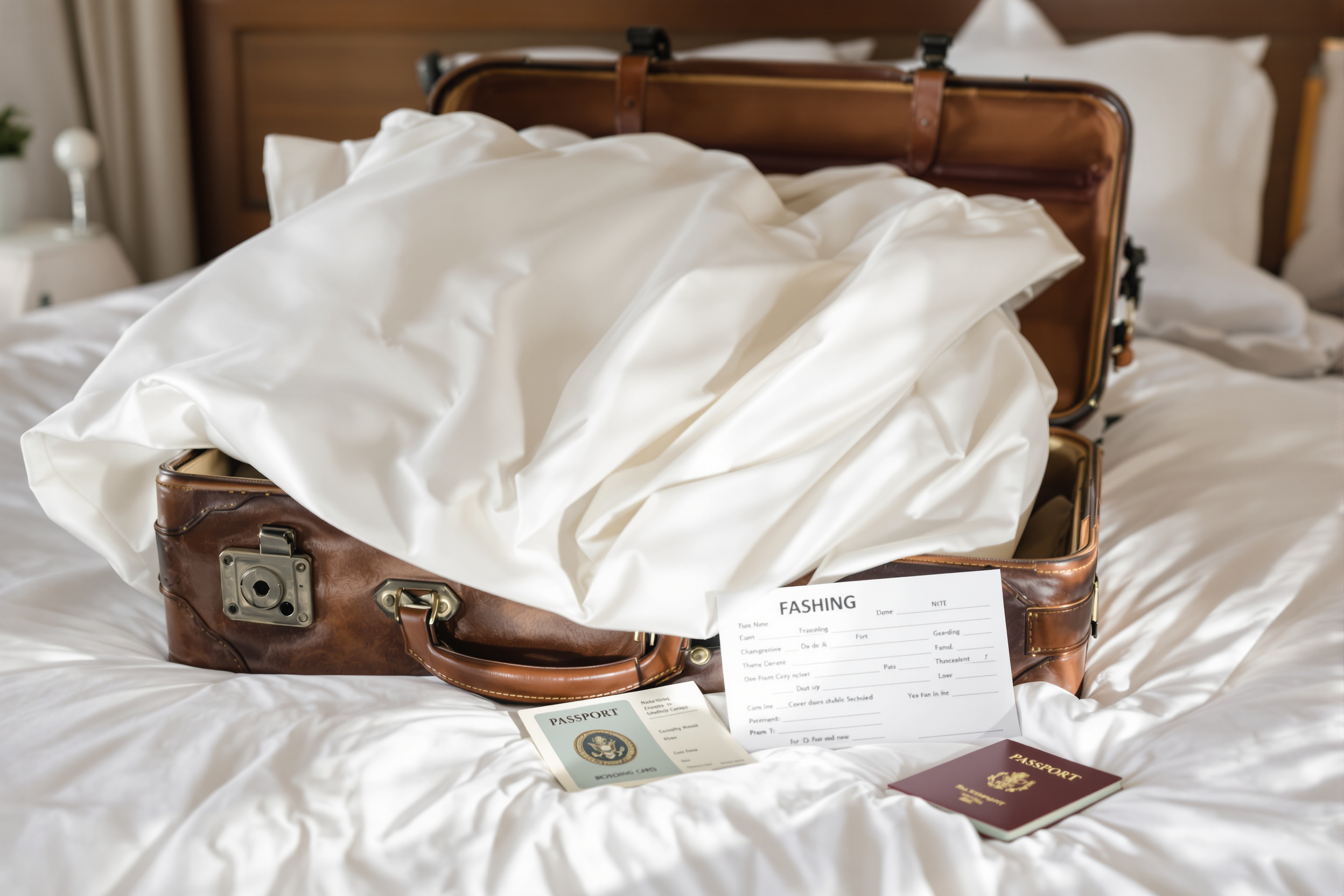 Wedding dress in a garment bag draped over a suitcase ready for travel