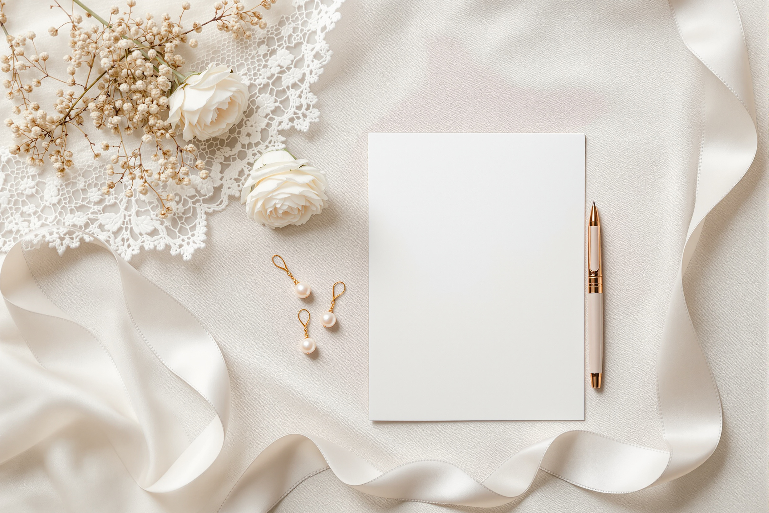 Bridal flat lay with lace, writing paper, dried roses and pearls
