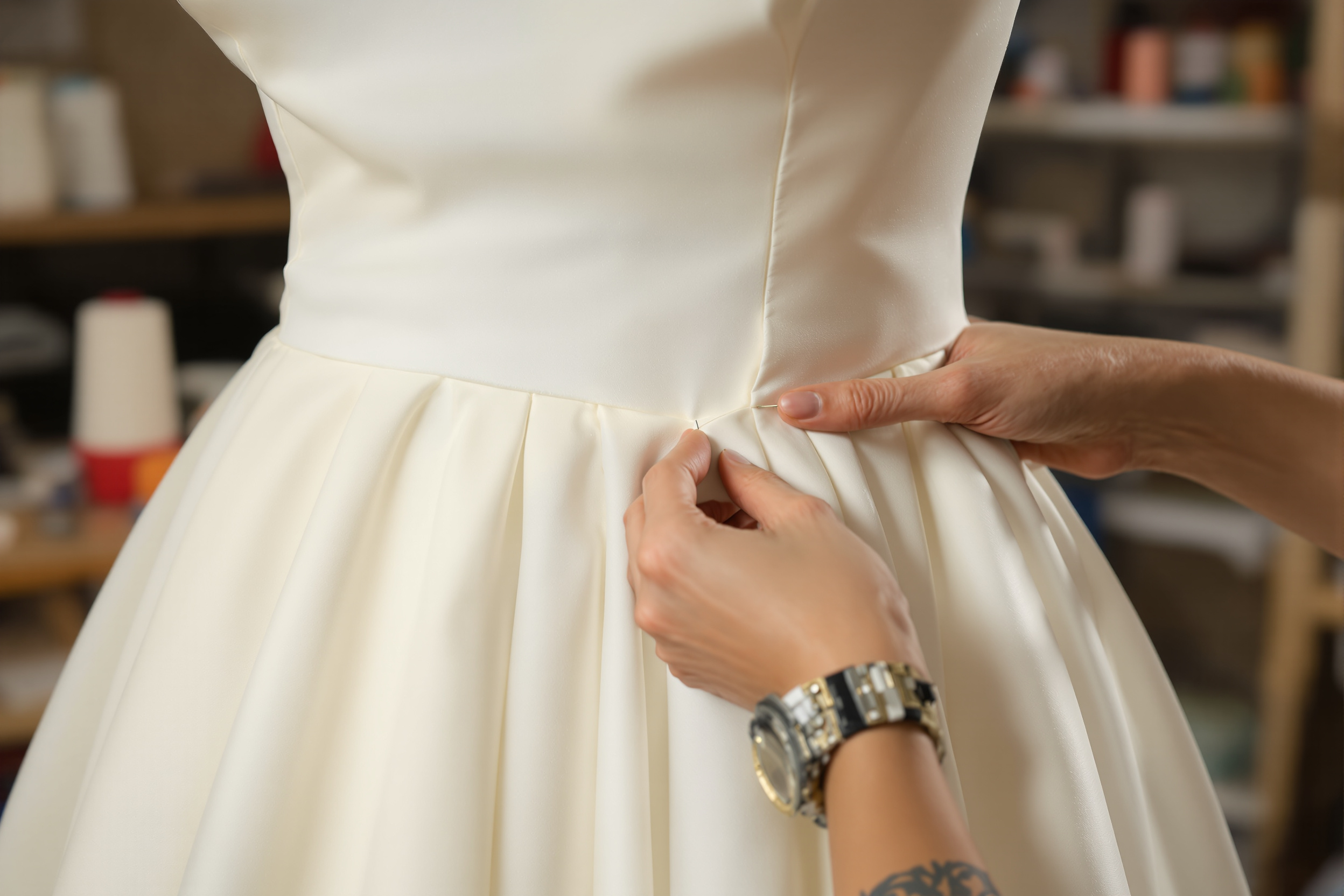 Seamstress pinning the hem of an ivory wedding dress