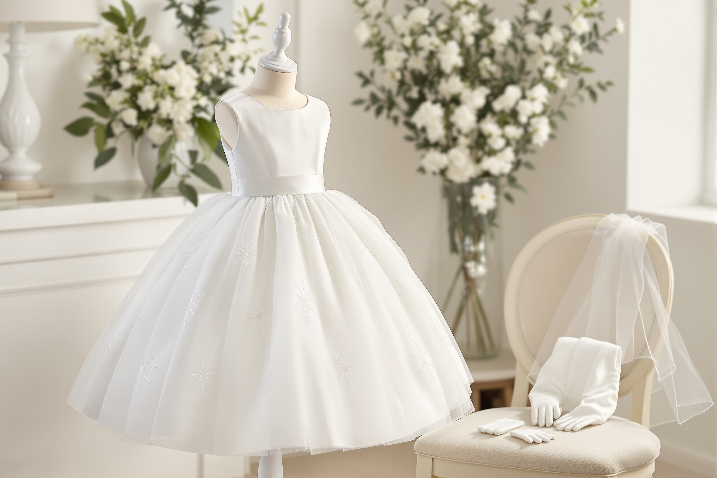 White tea-length First Communion dress displayed on a child-size dress form with veil and gloves