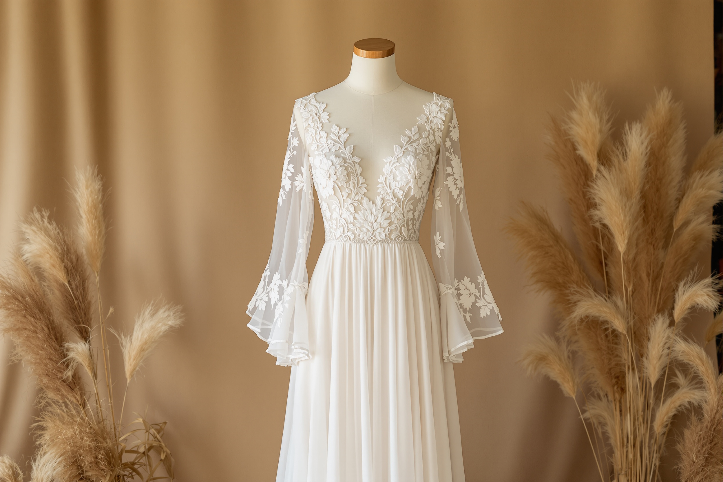 Bohemian lace wedding dress with sheer bell sleeves and flowing skirt