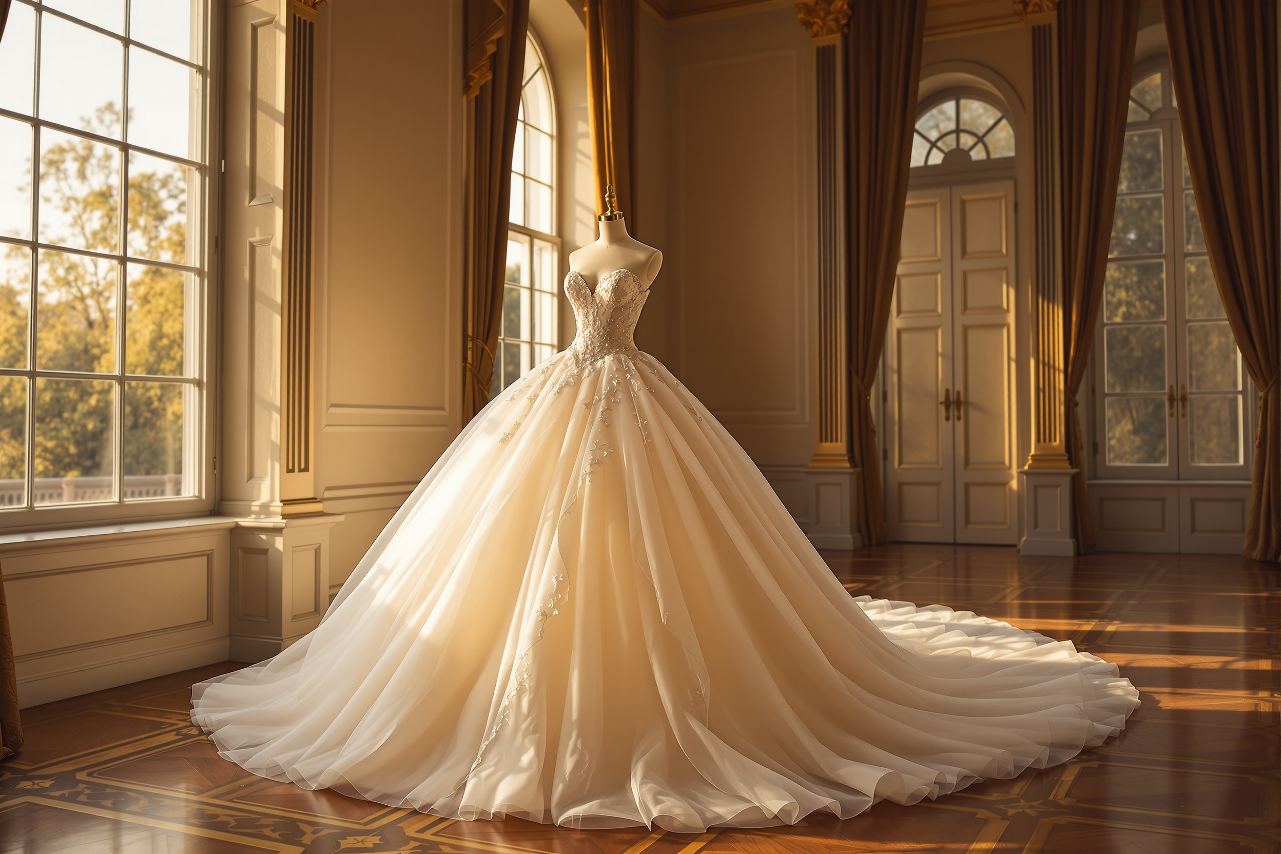 Classic ballgown wedding dress with beaded bodice and full tulle skirt