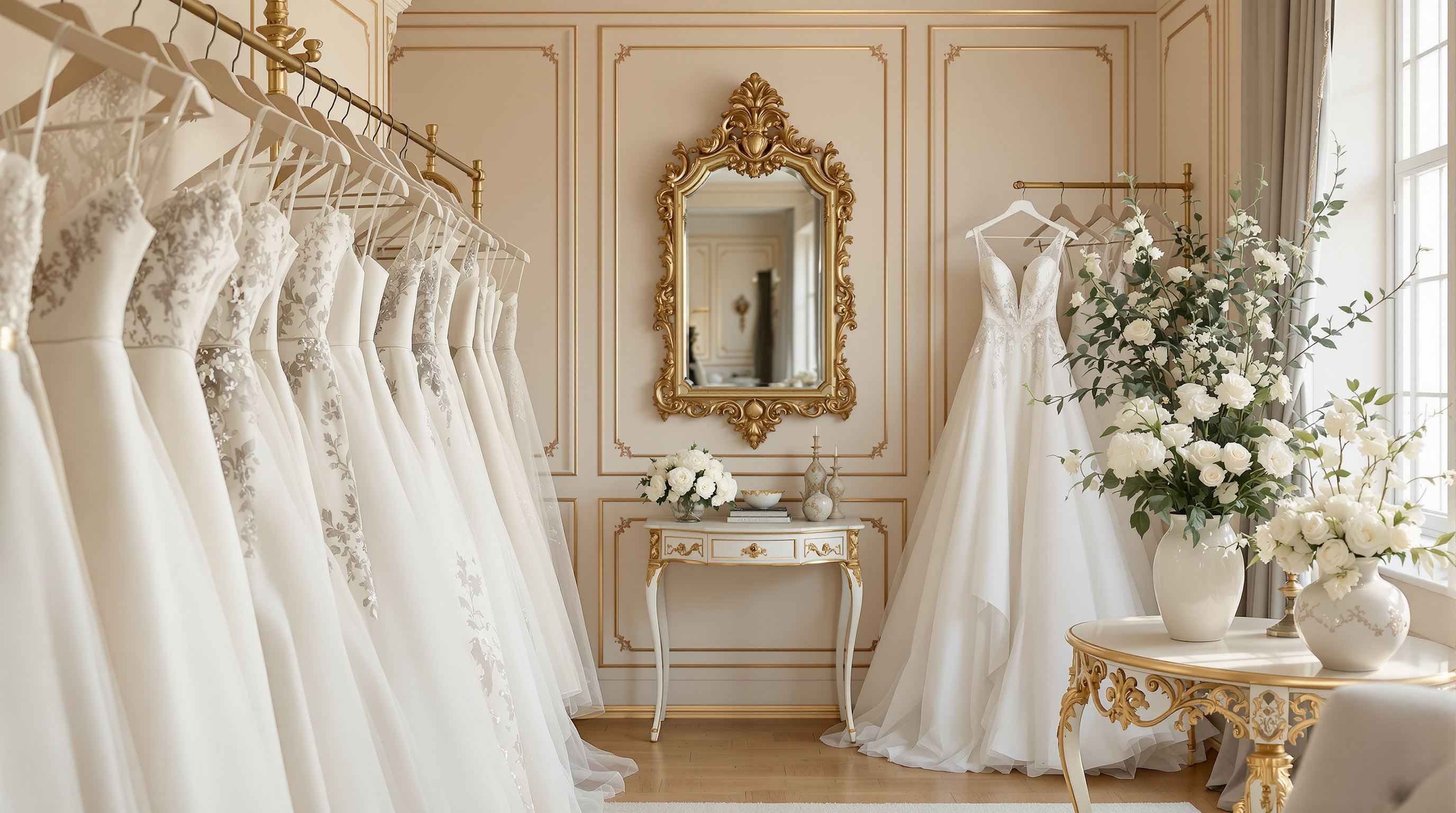 Elegant bridal boutique interior with rails of ivory wedding gowns and gold accents