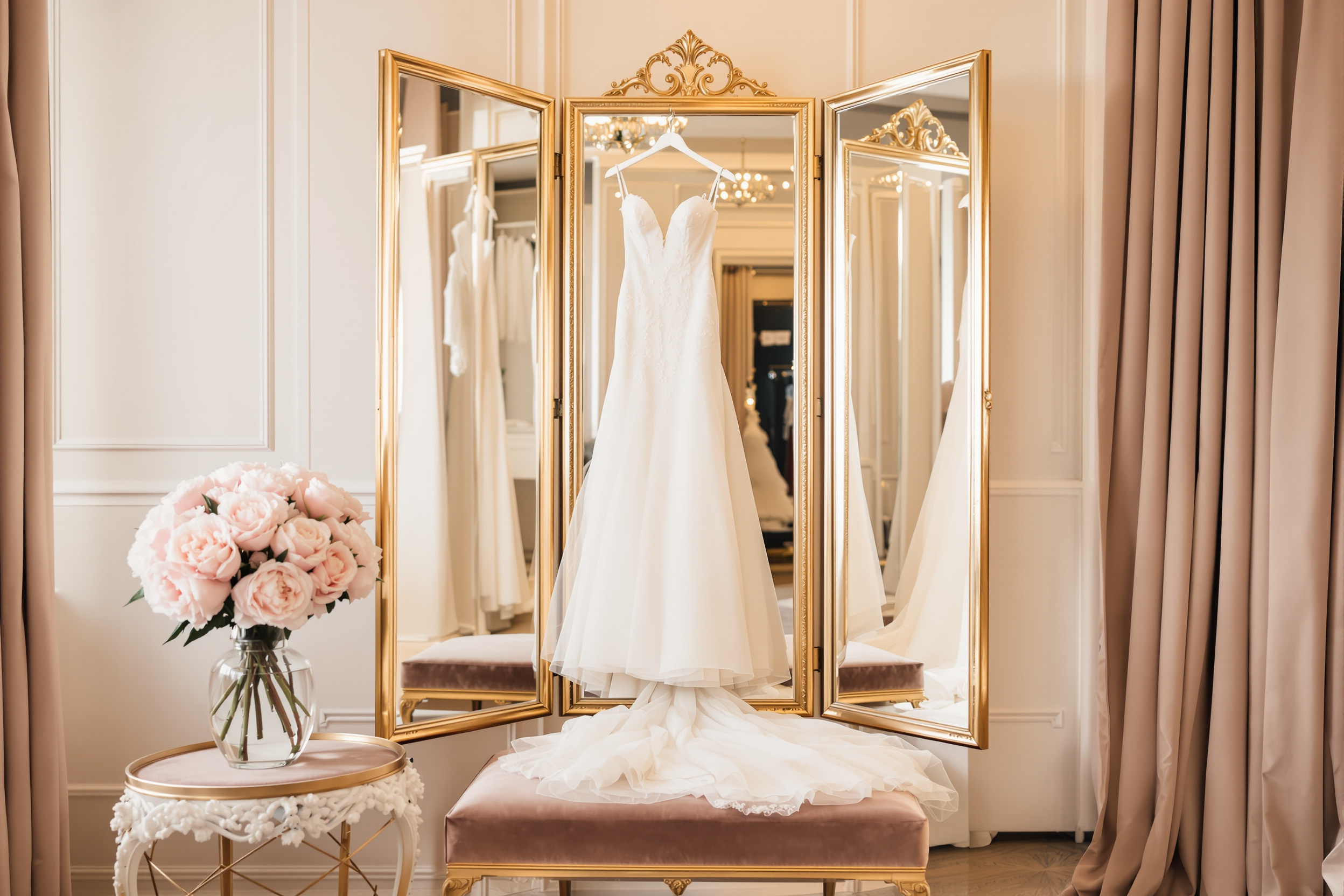 Bridal fitting room with three-panel mirror, platform and hanging ivory gown