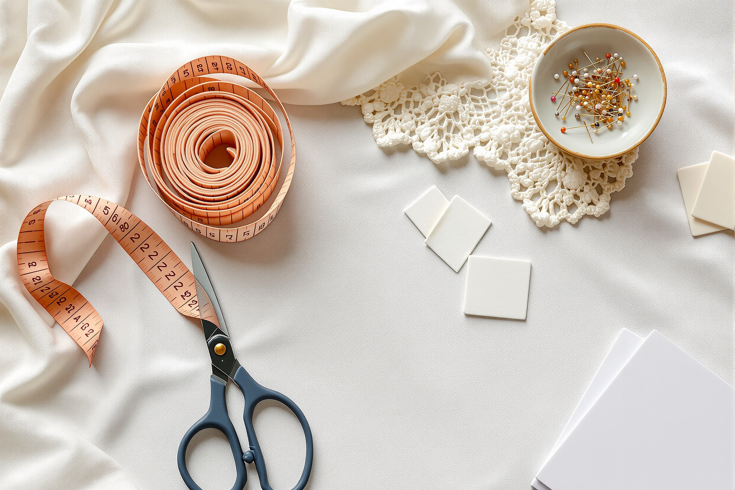 Flat lay of measuring tape, shears, lace swatches and pattern pieces