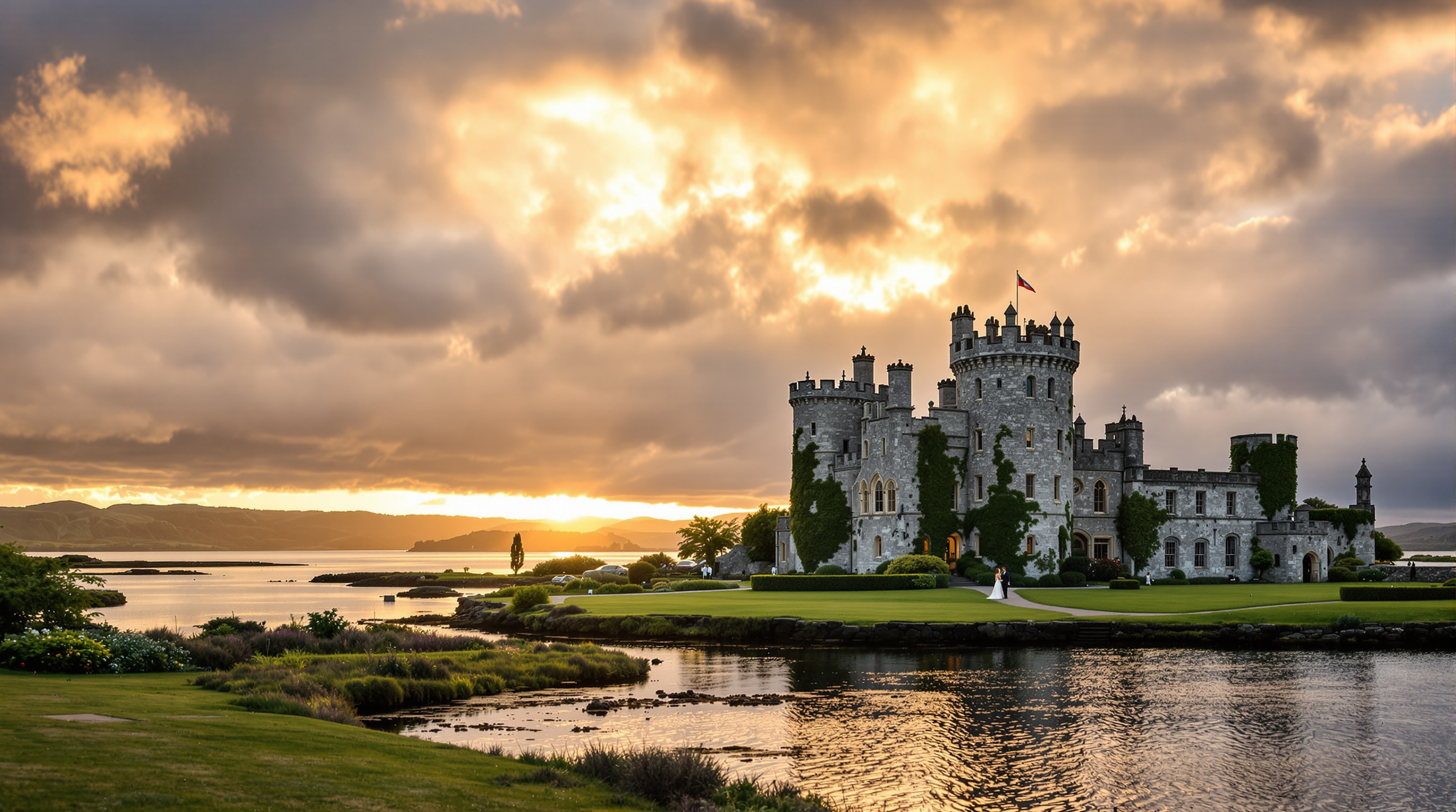 Irish lakeside castle wedding venue at golden hour