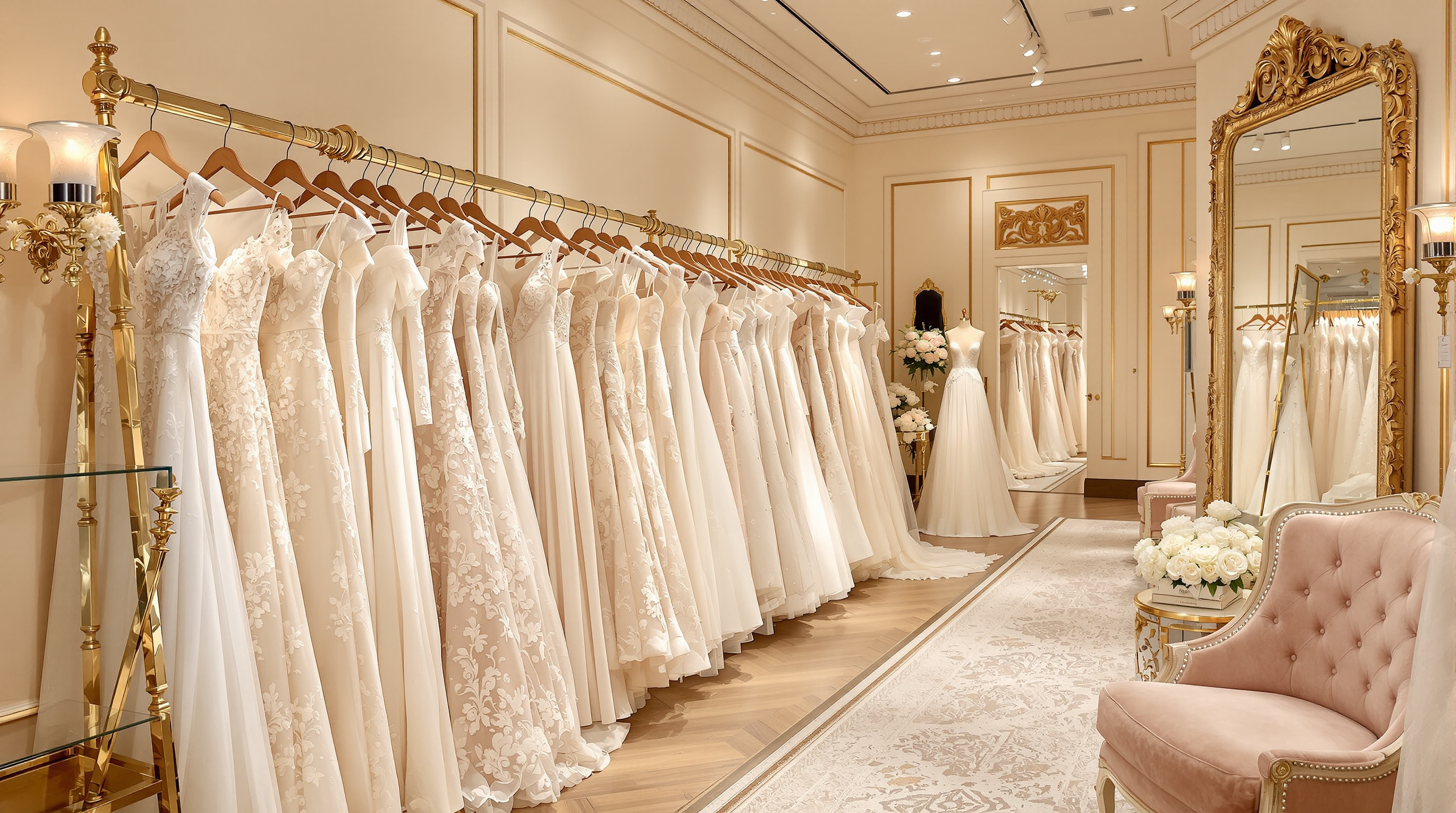 Rail of designer wedding gowns in a luxurious bridal showroom