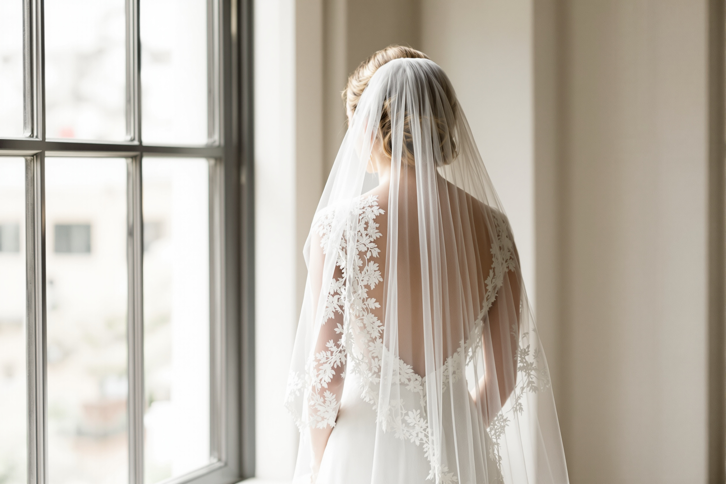 Bride from behind wearing a cathedral-length lace-edged veil by a window